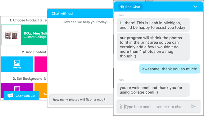Screenshot of a live chat on a common Collage.com topic - "how many photos will fit on this product?"