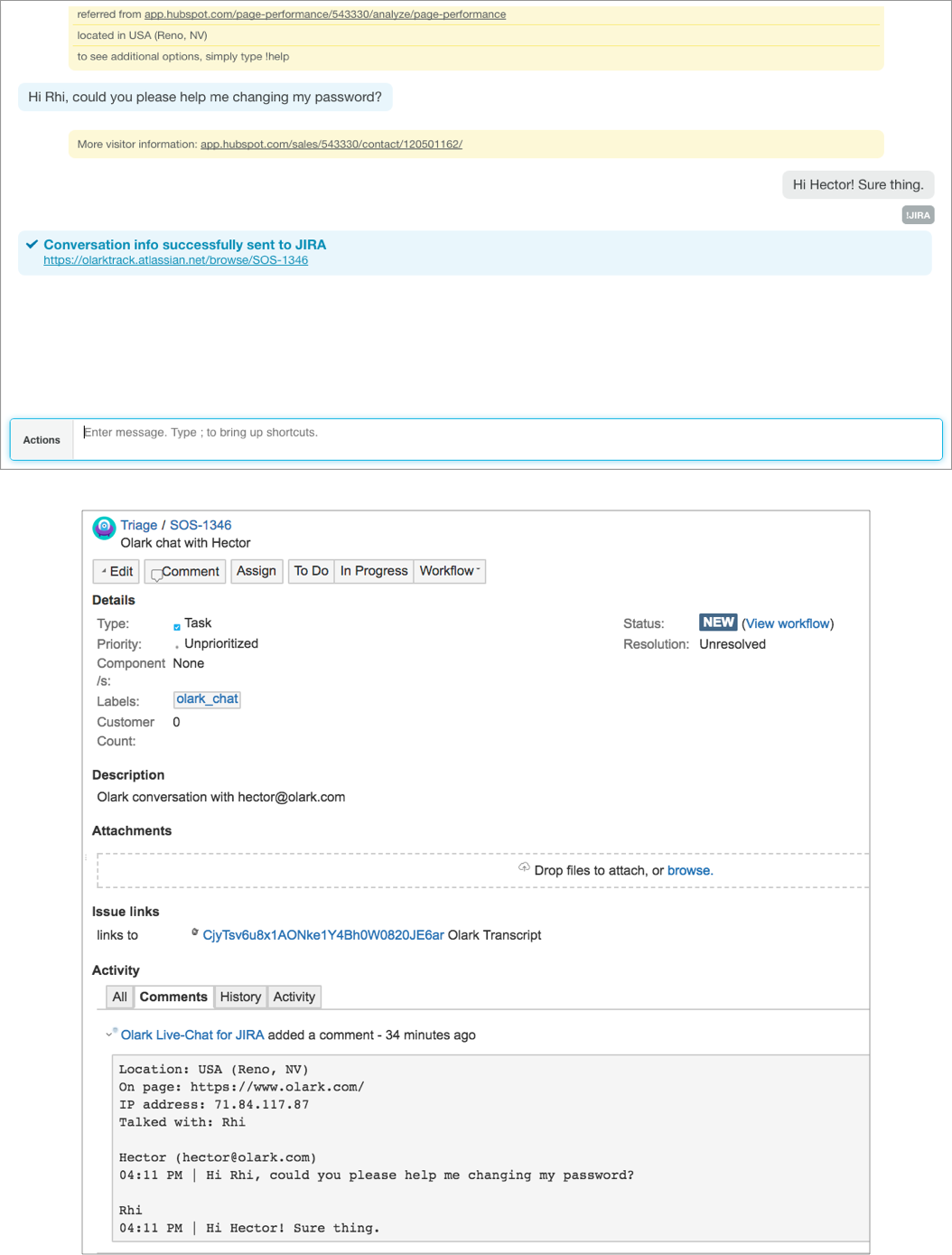 Example: Sending a live chat transcript to JIRA, and creating a JIRA ticket, with the !jira command.