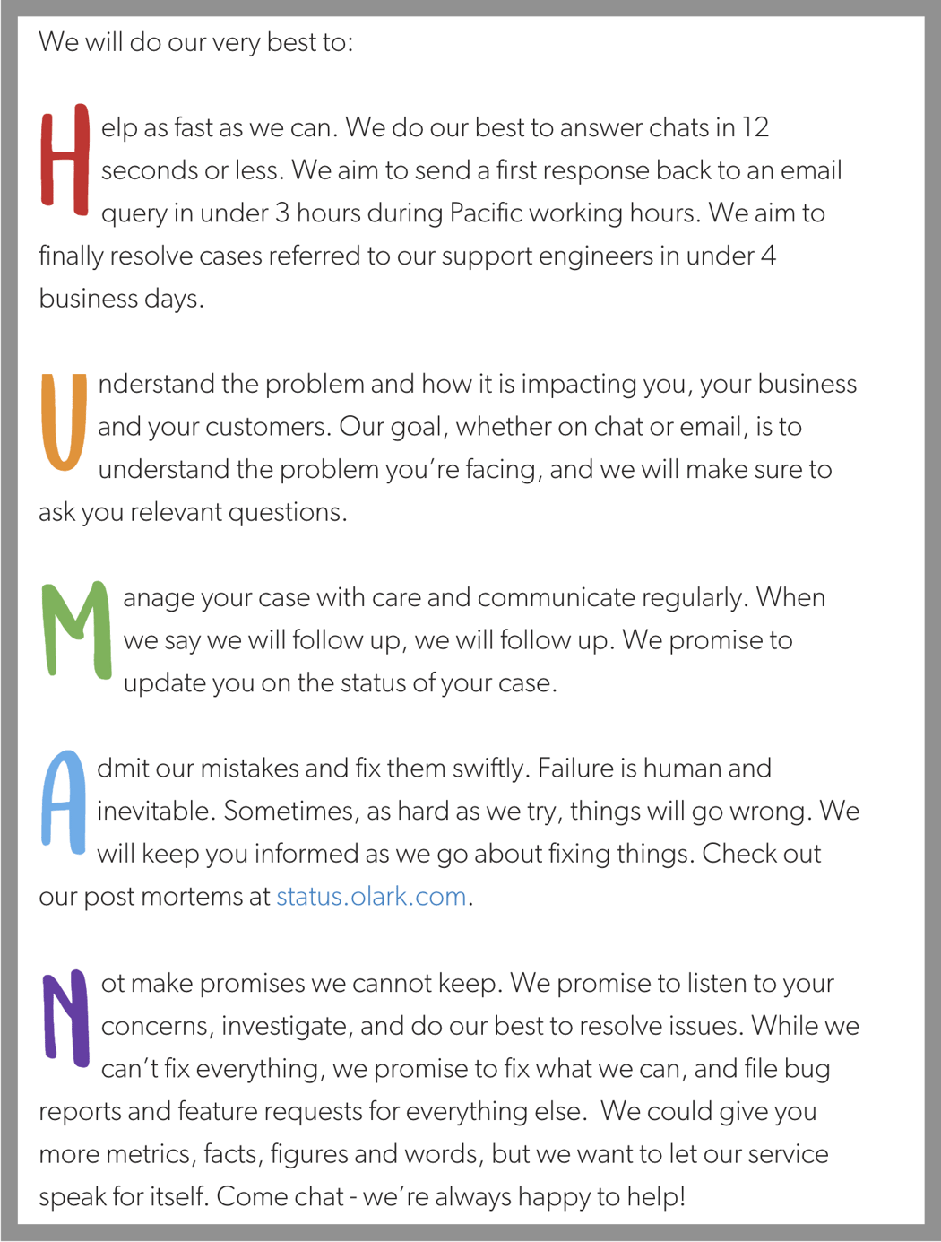 The Olark Customer Service Standards.