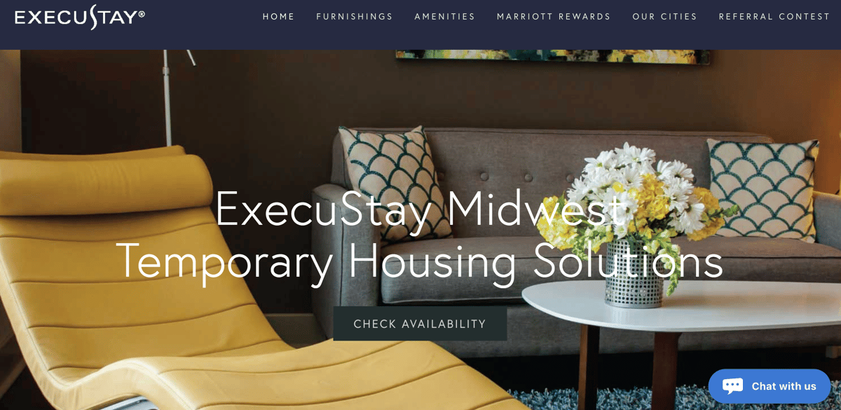 Home page for ExecuStay Midwest, one of Transition Group&rsquo;s companies, with the Olark chatbox in the lower right. 