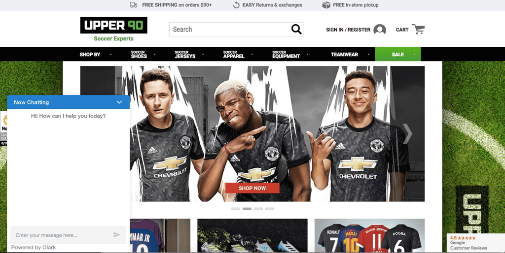 An screen capture of the Upper 90 Soccer website - Here an Olark automated chat rule has proactively started a live chat with a customer.