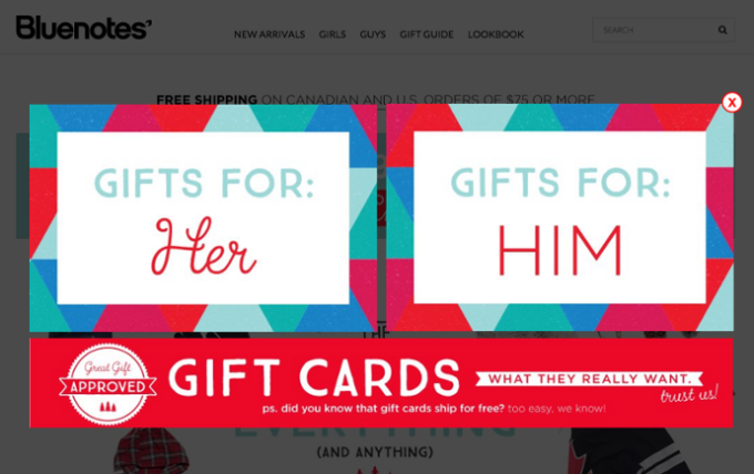 Bluenotes uses pop ups to segment and direct traffic on its site.