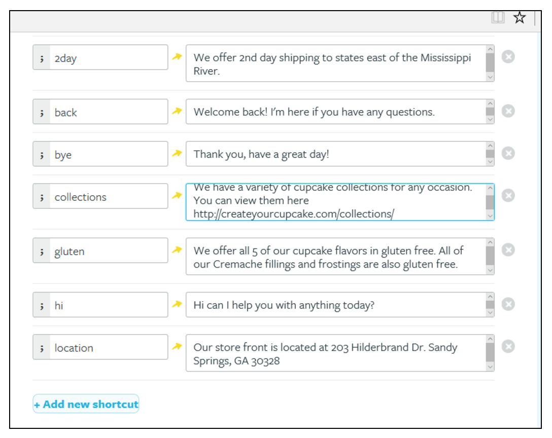 Live chat canned response examples from Create Your Cupcake, answering questions like “Where is your store located” and “Do you offer gluten-free cupcakes?”