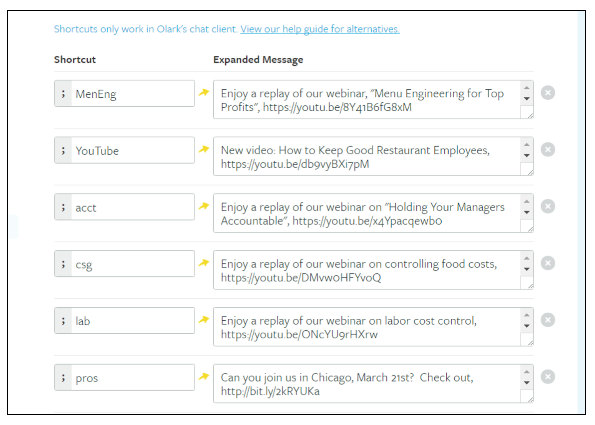 Live chat canned response examples from The Restaurant Expert.