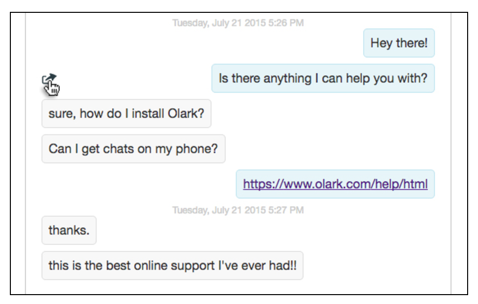 To create a canned response and Shortcut in real time from the chat console, mouse over a message you want to save, and click the arrow icon.