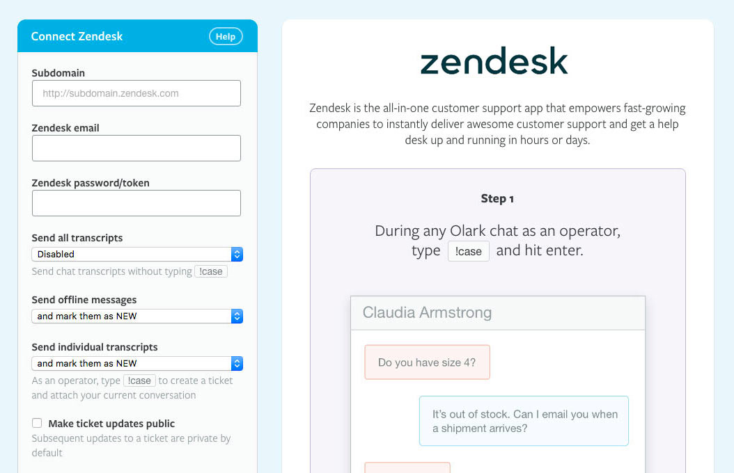 Zendesk intregration page