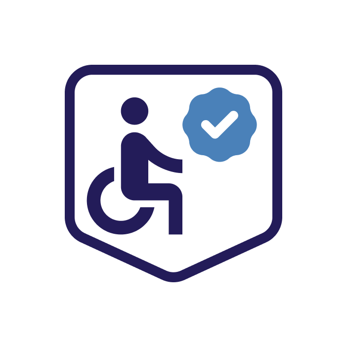 an illustrated wheelchair icon with a border