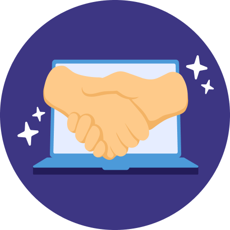 An illustration of a handshake with a laptop in the background.