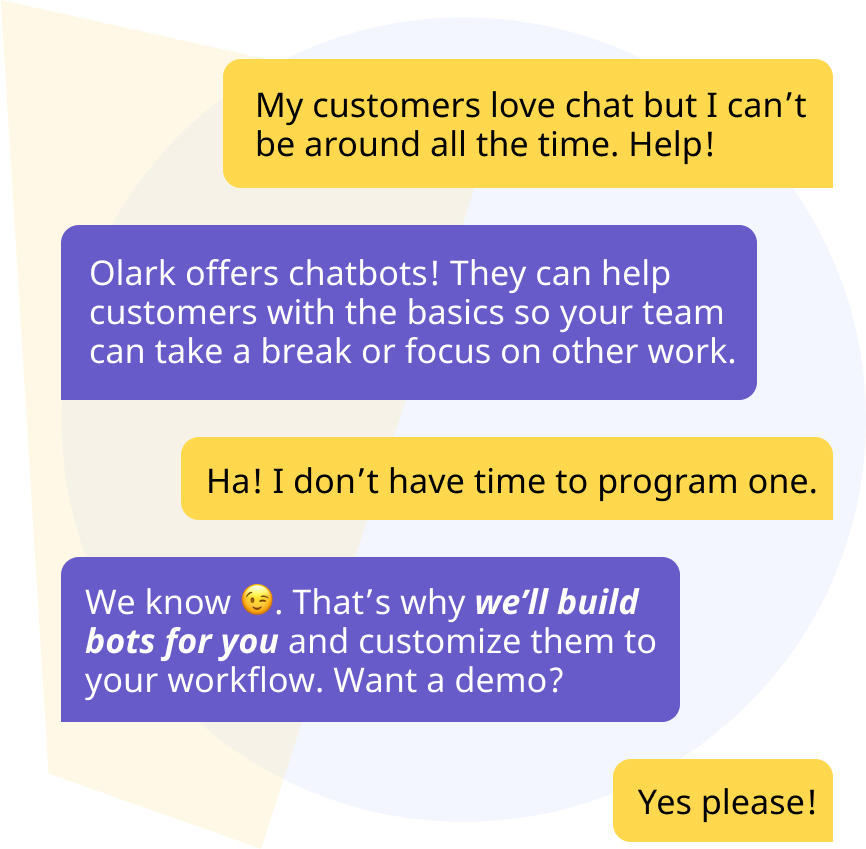 a conversation showing a user asking about chatbots, with Olark answering that we make custom chatbots for your workflows. Scroll down to book a demo.