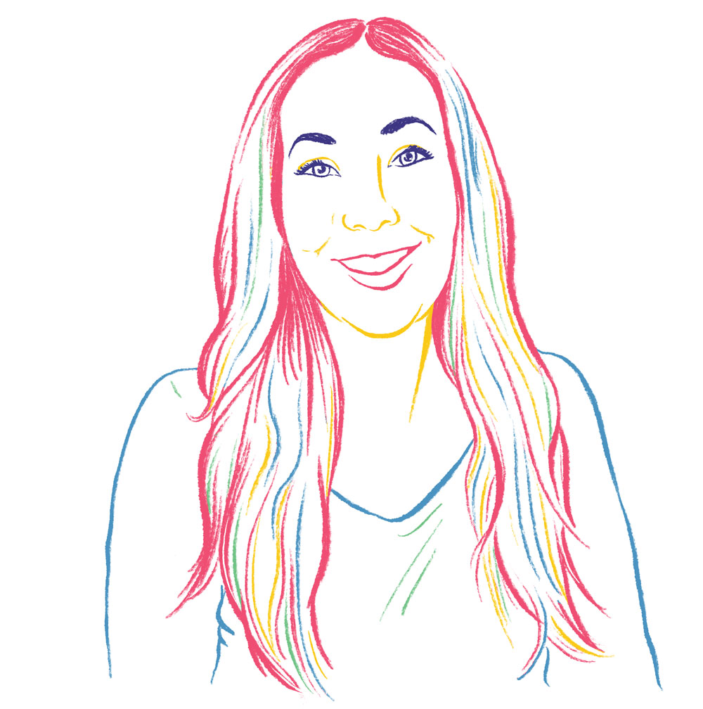 illustration of a smiling woman with long hair wearing a long sleeve tee shirt