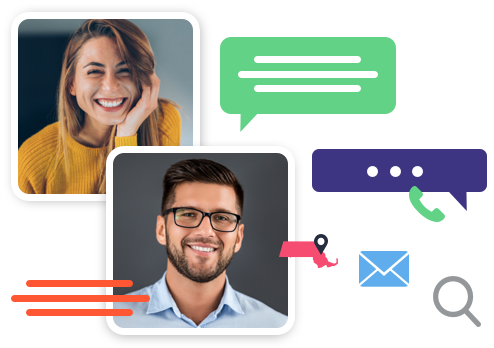 Customer photos beside icons representing chat, phone, and email