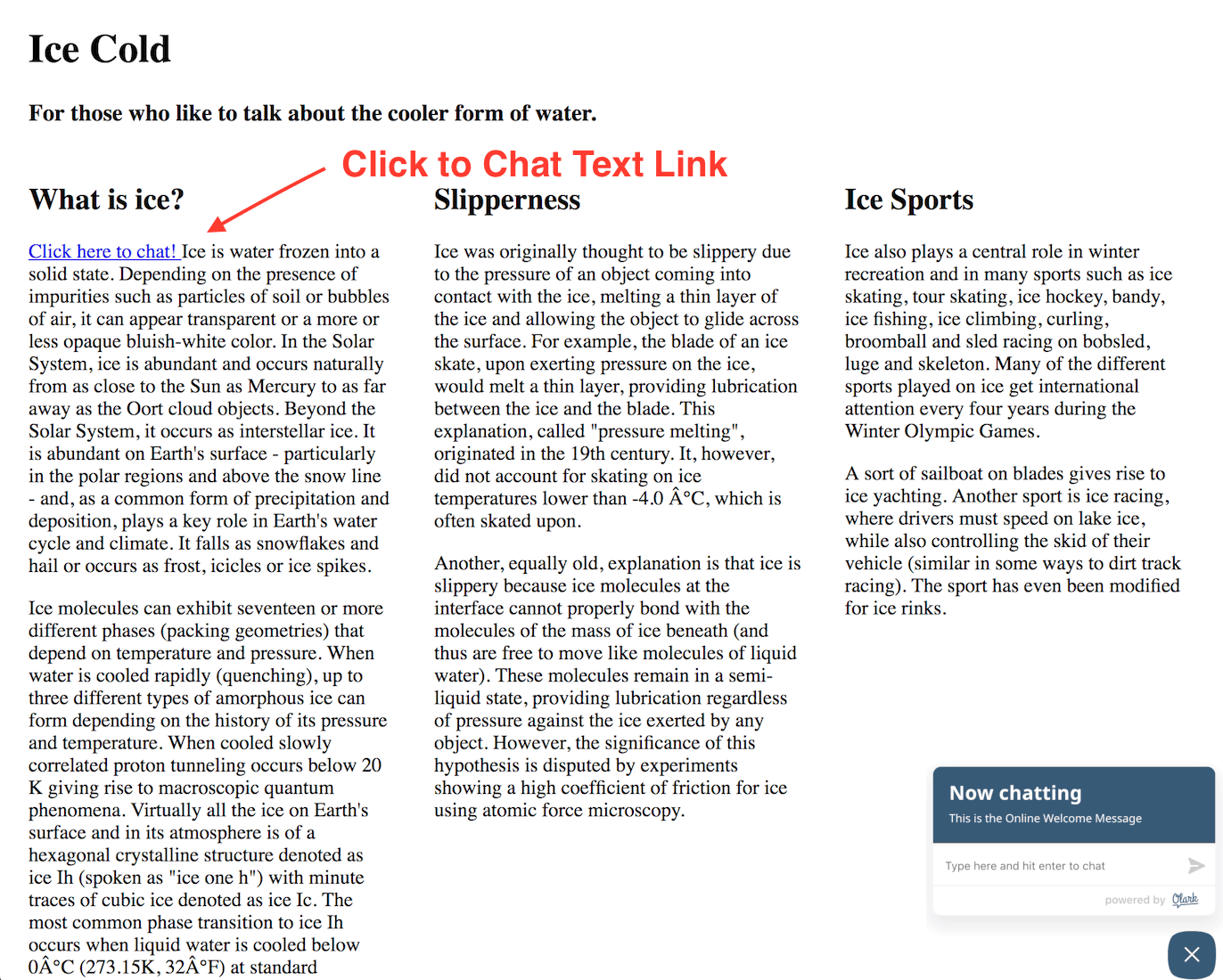 Image of a webpage with an embedded “click here to chat” link