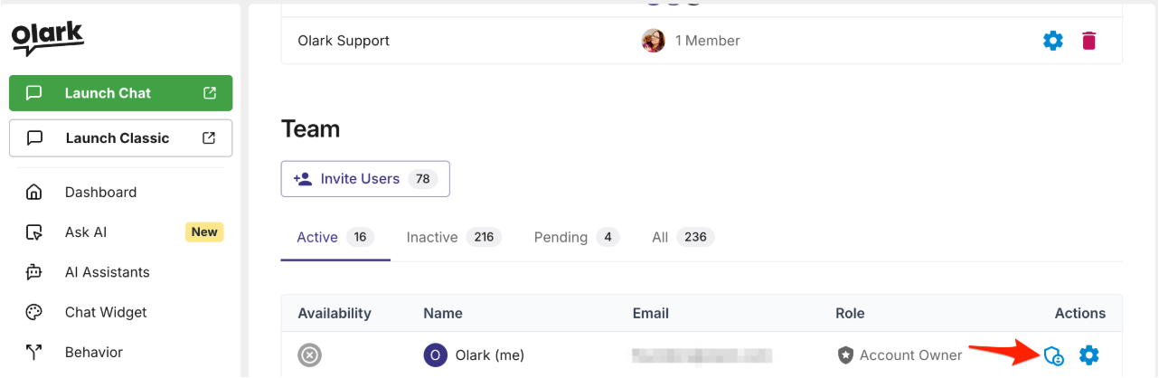 The Team table with an arrow pointing to the shield icon next to the Account Owner