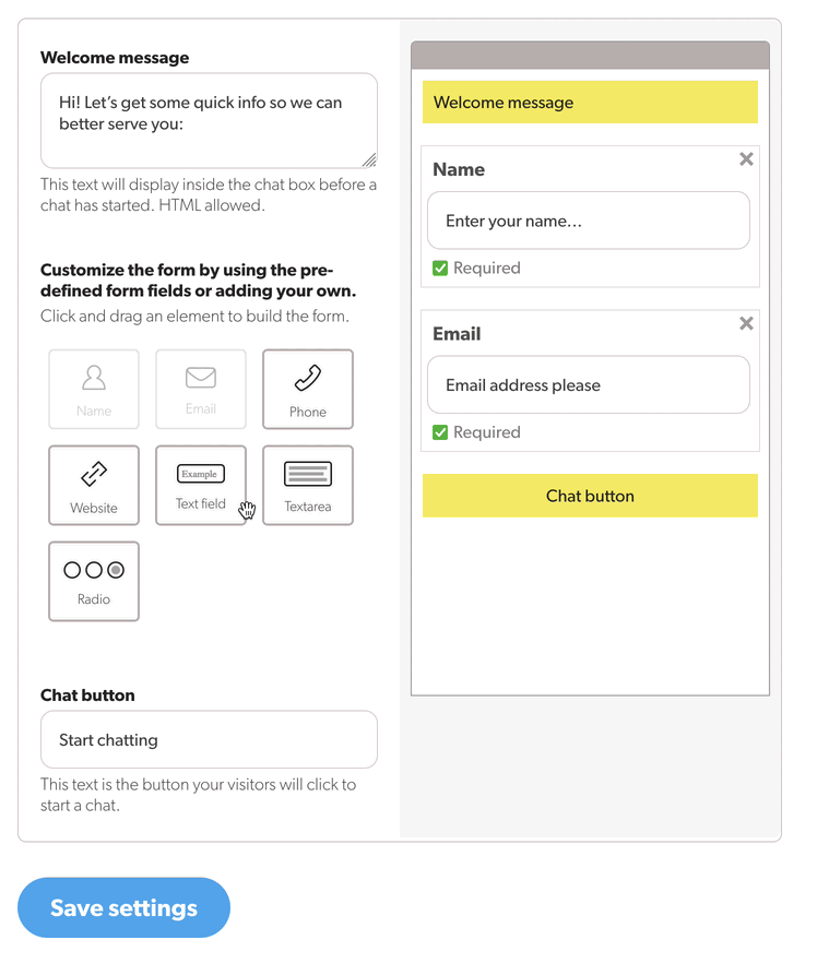 A gif showing adding a custom “Company” field to the prechat survey form in the Olark dashboard.s