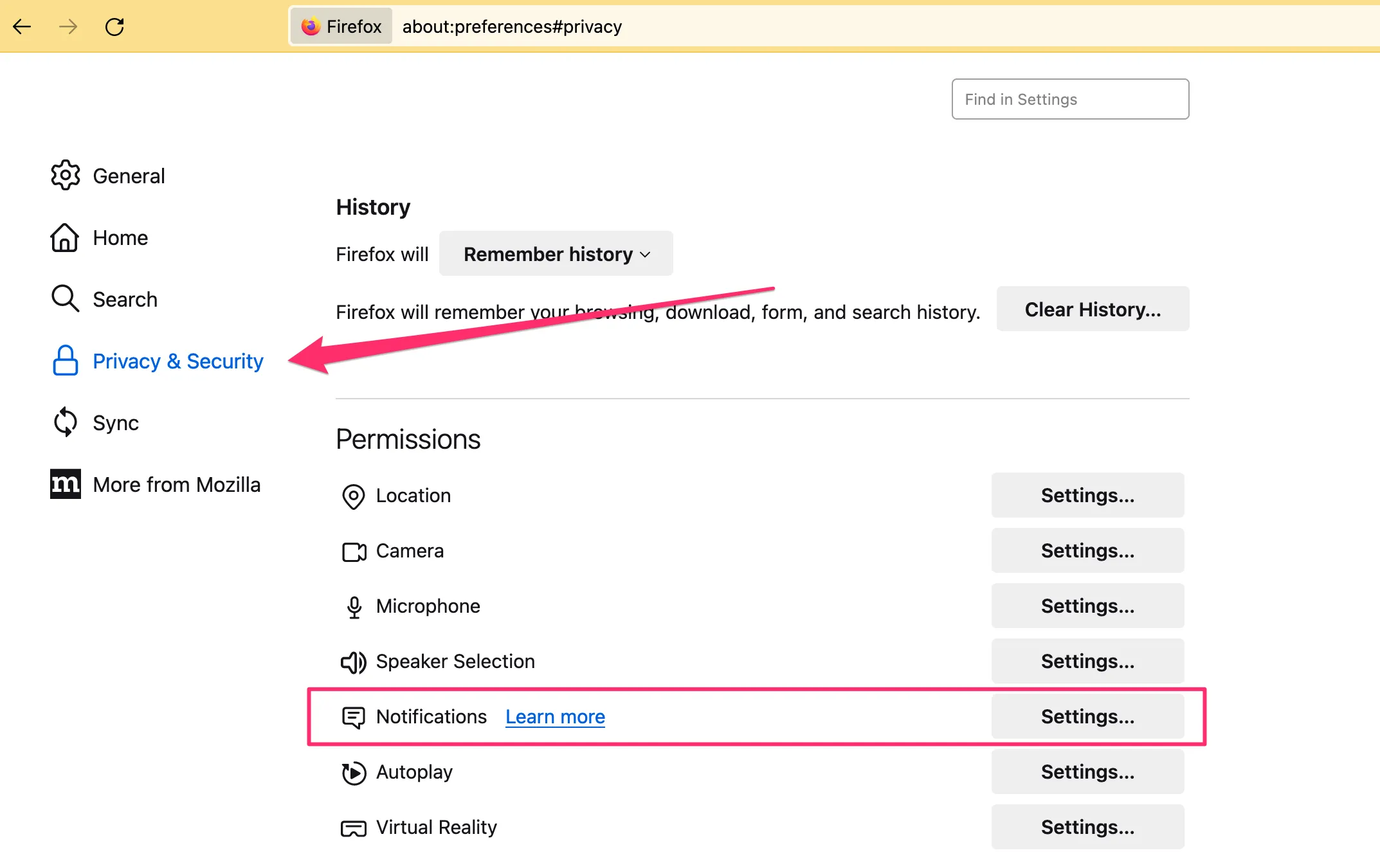 screenshot of firefox privacy & security settings with “notifications” highlighted