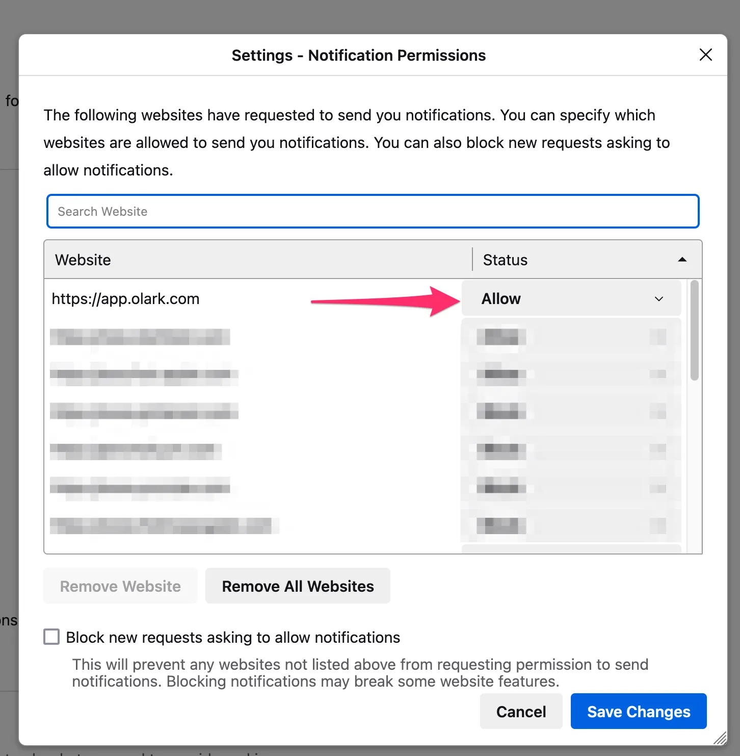 screenshot of Firefox settings - notification permissions modal with “allow” highlighted next to app.olark.com