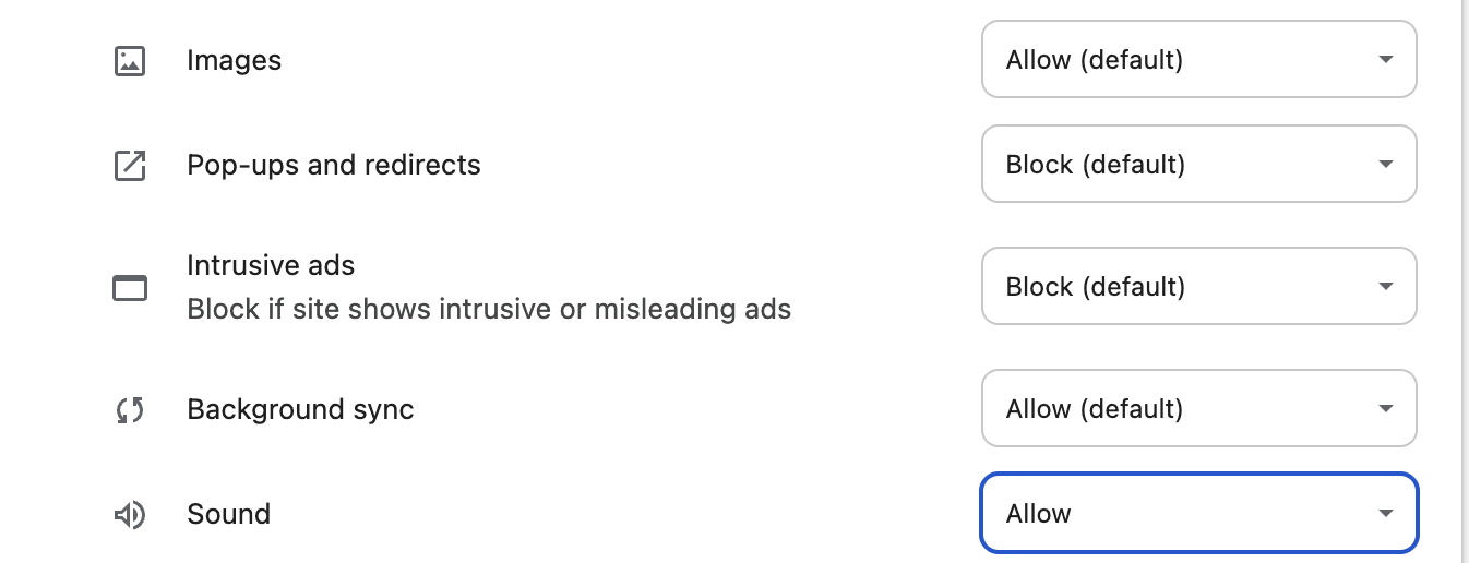 Screenshot showing the Sound option set to “Allow”