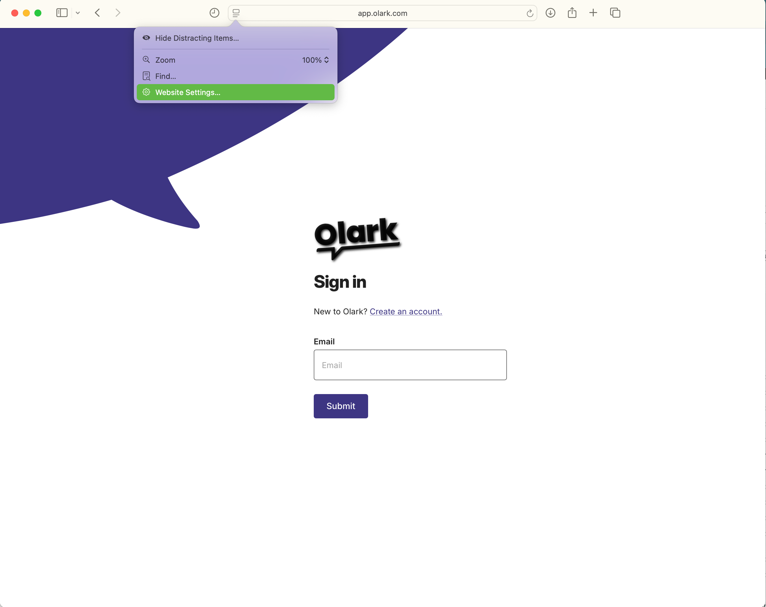 A screenshot of app.olark.com open in safari. The website settings dropdown in the address bar is open and “website settings” is highlighted in the menu.