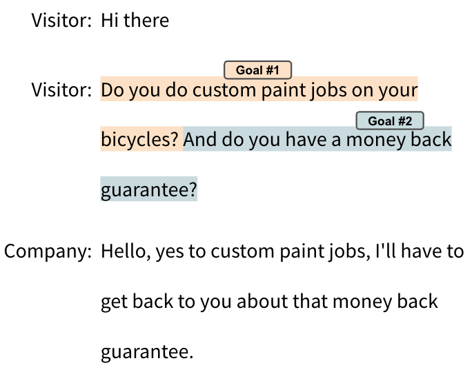 Visitor: Hi there, Visitor: Do you do custom paint jobs on your bicycles?  And do you have a money back guarantee?Company: Hello, yes to custom paint jobs, I&rsquo;ll have to get back to you about that money back guarantee.Question 1: Do you offer custom paint jobs? Topic: Customization Question 2: Money back guarantee? Topic: Refunds