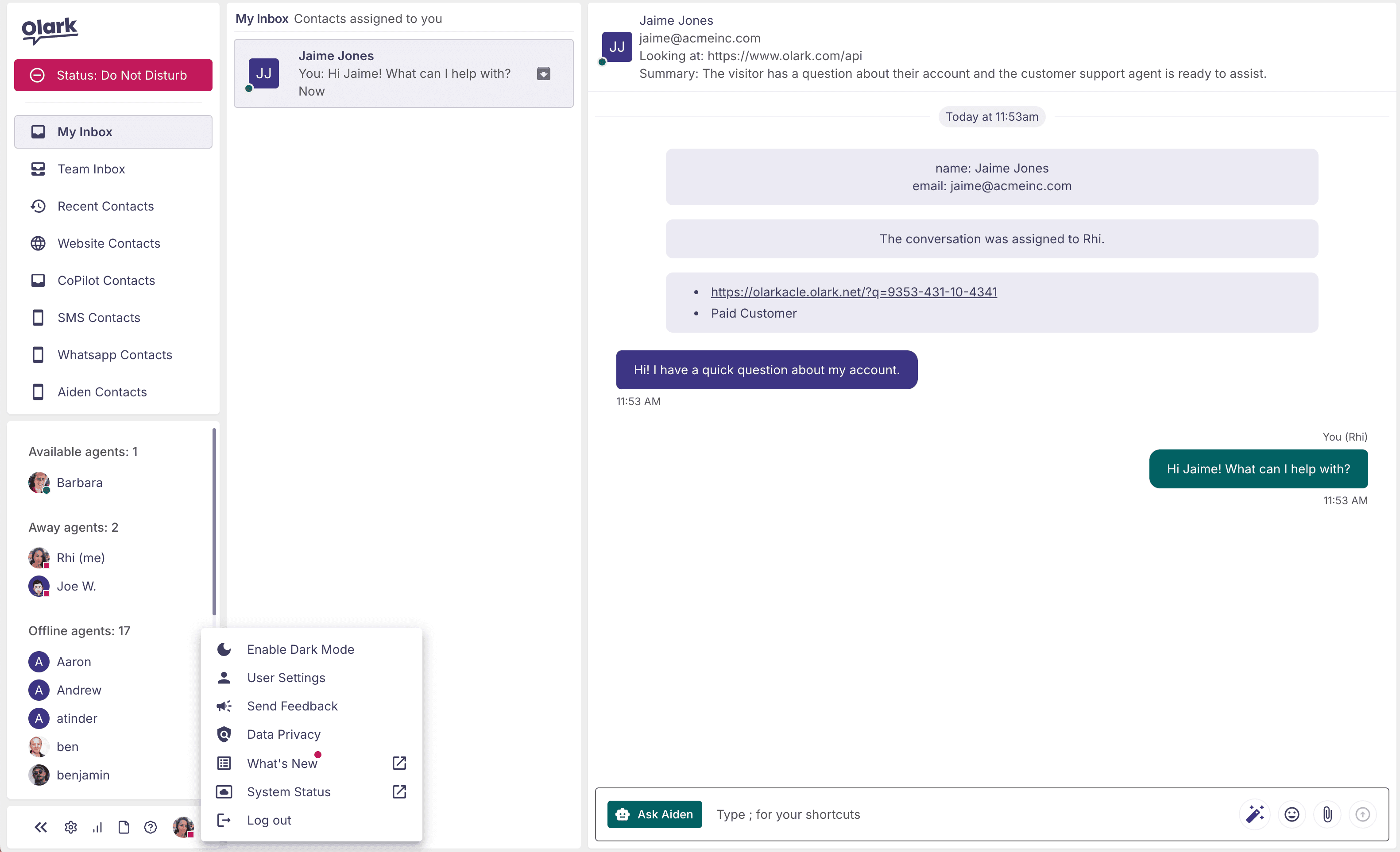Screenshot of the new chat interface