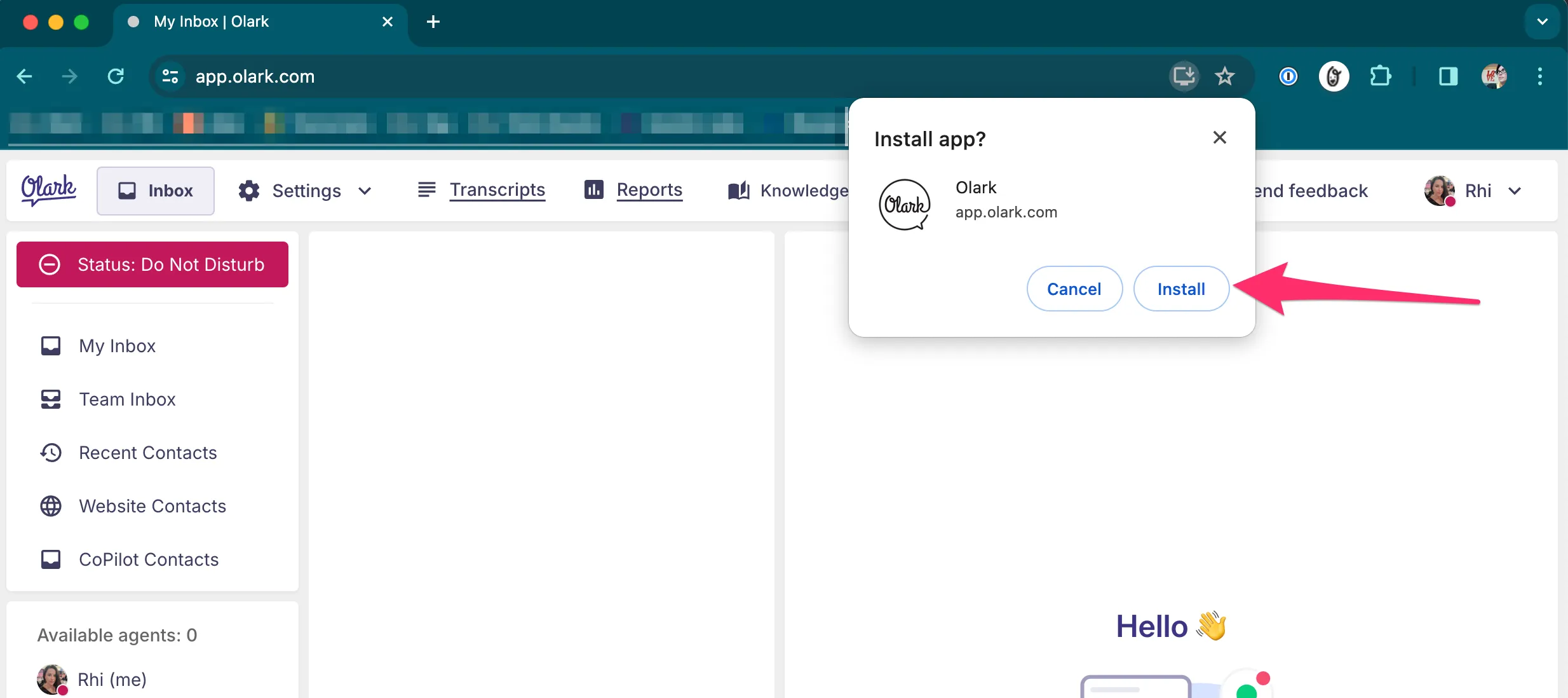 A screenshot of app.olark.com. A red arrow points to the Install button on the “Install app?” modal.