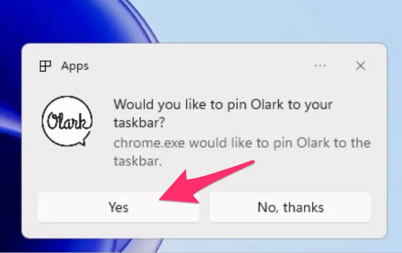 Screenshot of a Windows desktop notification. The notification asks, “Would you like to pin Olark to your taskbar?” A red arrow highlights the “yes” button.