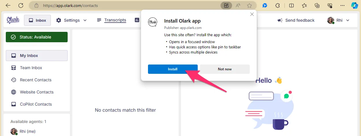 A screenshot of app.olark.com. A red arrow points to the Install button on the “Install Olark app” modal.