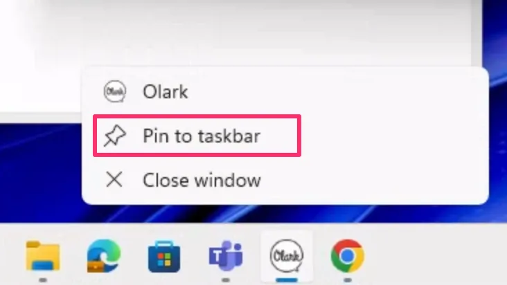 Screenshot of the Desktop Olark icon in a Windows taskbar. The menu is expanded and the Pin to taskbar option is highlighted with a red box.