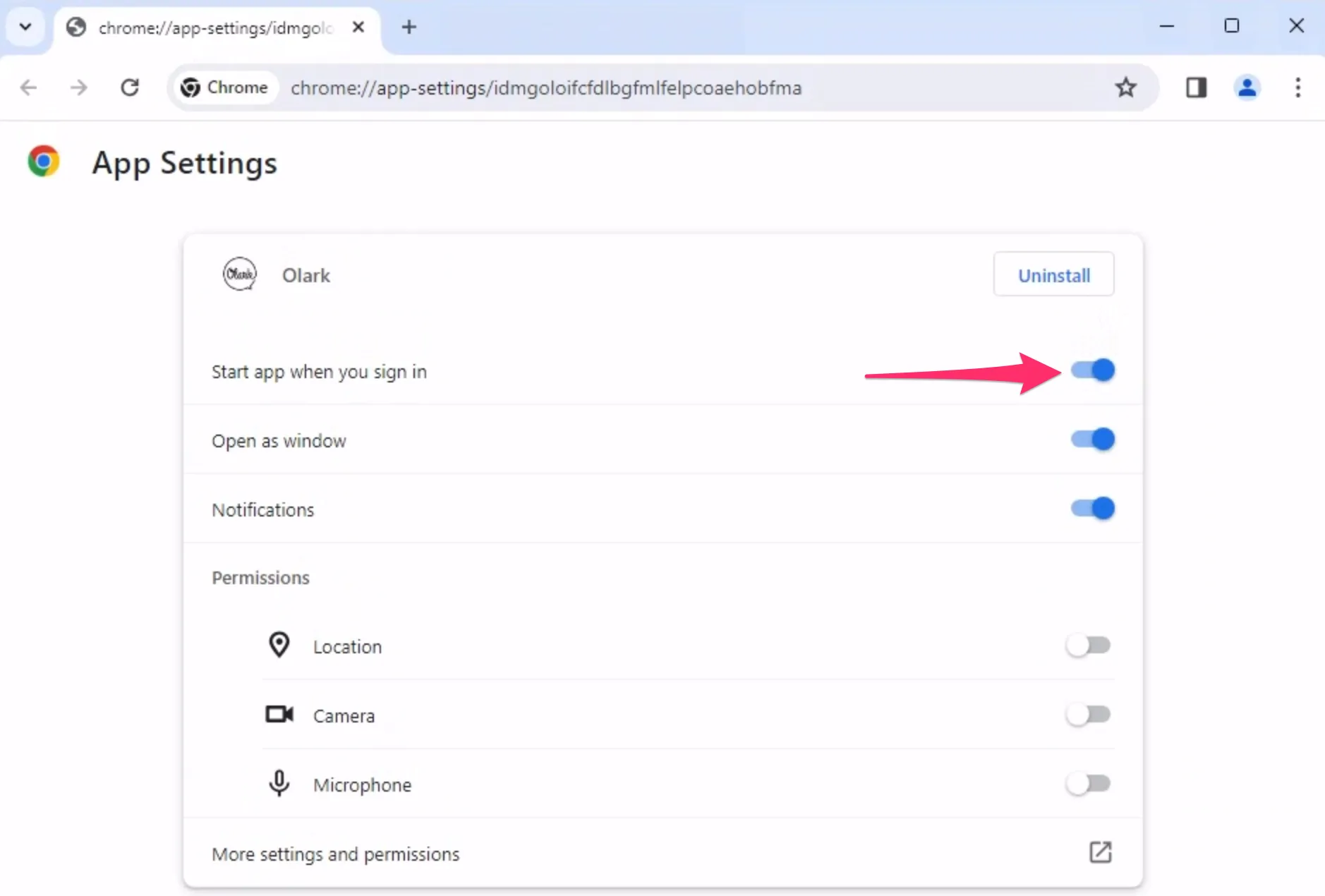 Screenshot of Olark desktop app Chrome settings. The Start app when you sign in toggle is highlighted with a red arrow.
