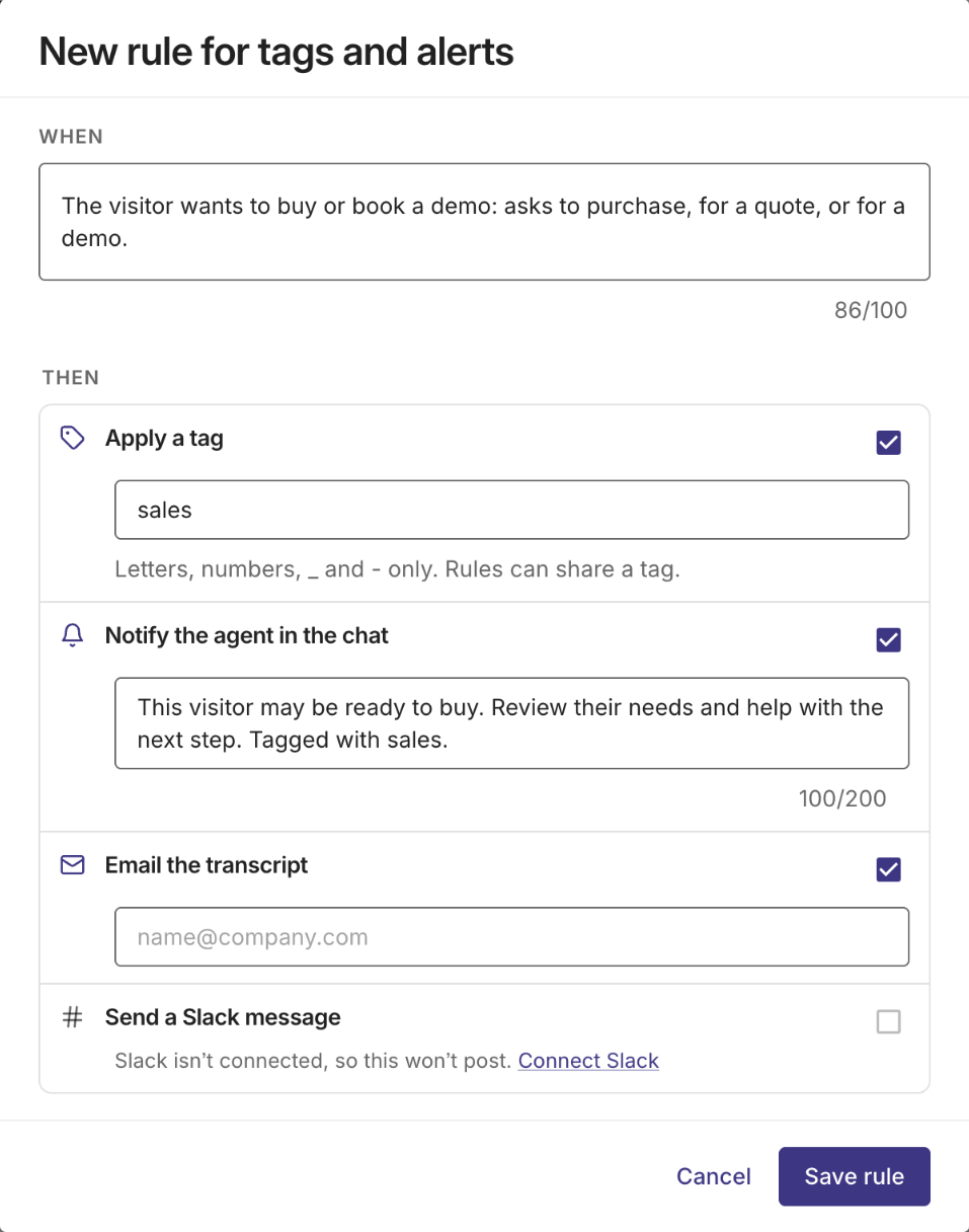 The rule editor with When and Then sections