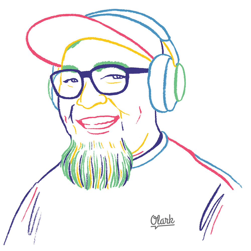 illustration of a smiling man wearing headphones and an Olark tee shirt