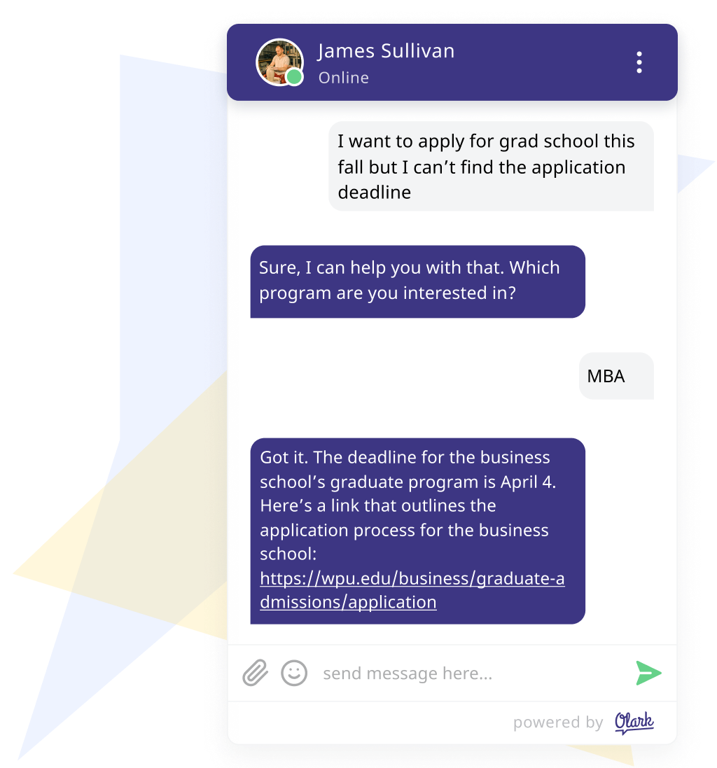 an Olark chat box showing a chat with an agent and student discussing an admissions deadline.