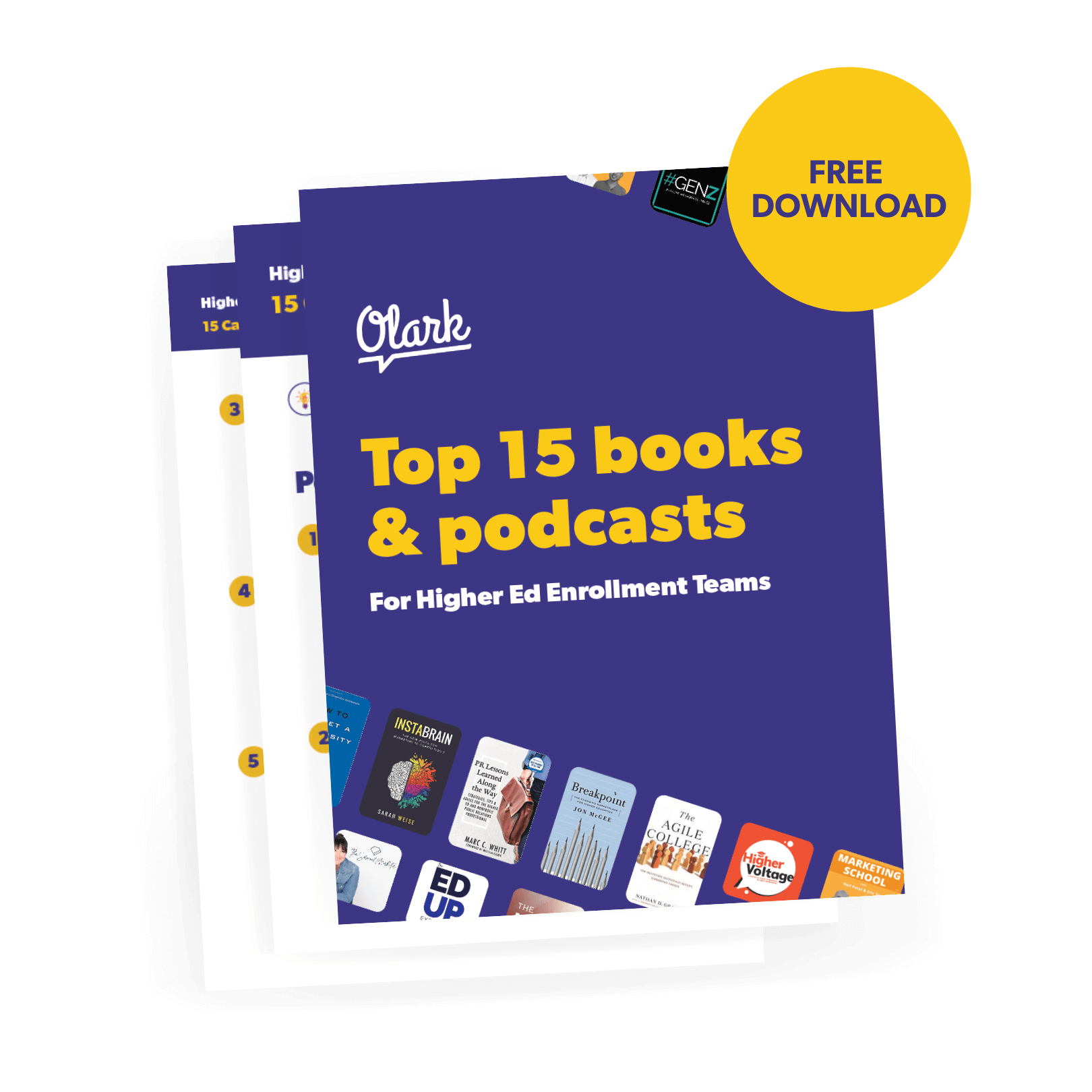 an ebook cover titled Top 15 books & podcasts for Higher Ed Enrollment Teams