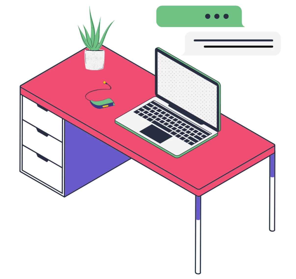 An illustration of a desk with a laptop, plant, and hearing aid