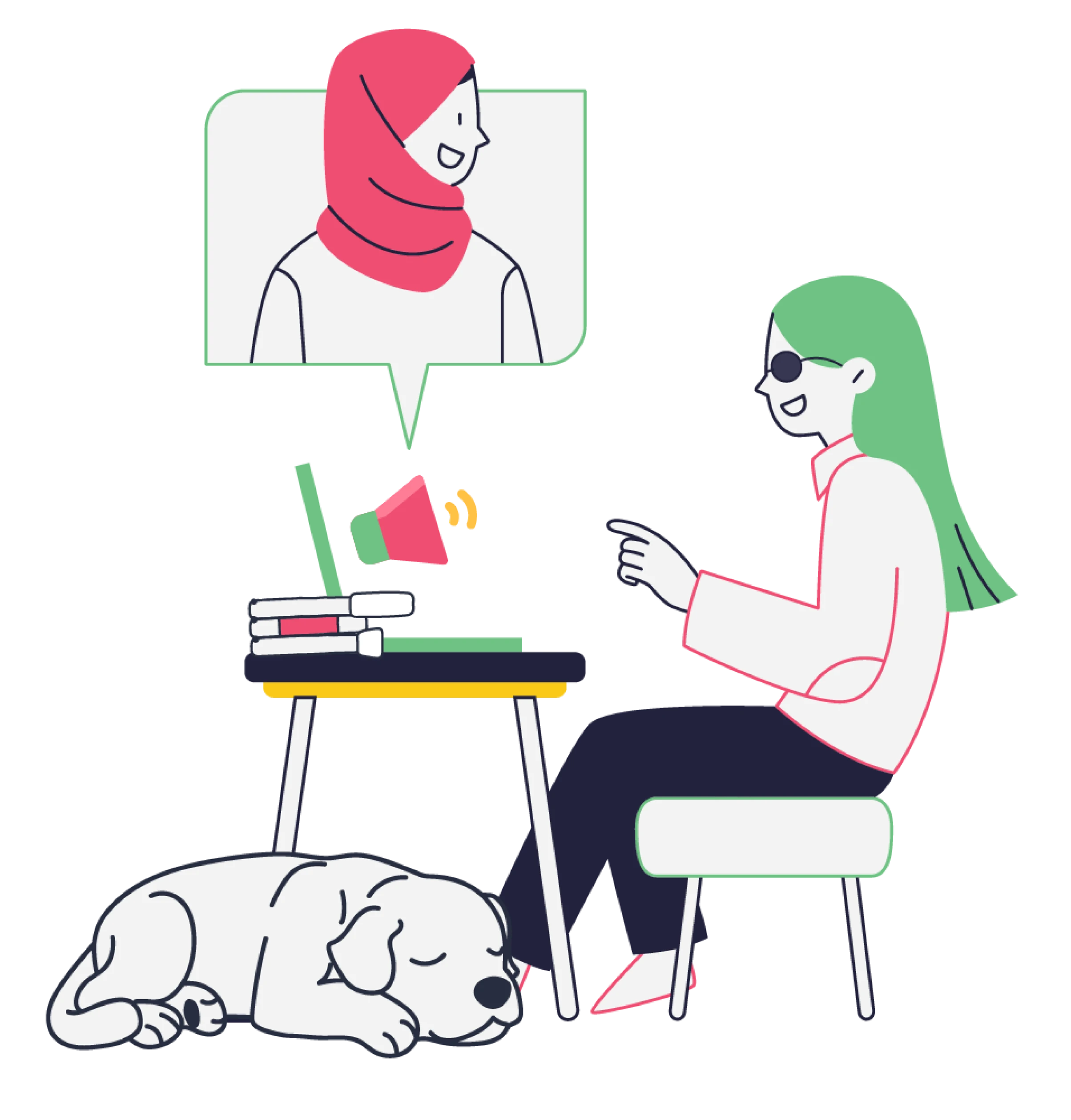 An illustration of a blind woman using a computer with a guide dog asleep under her desk.