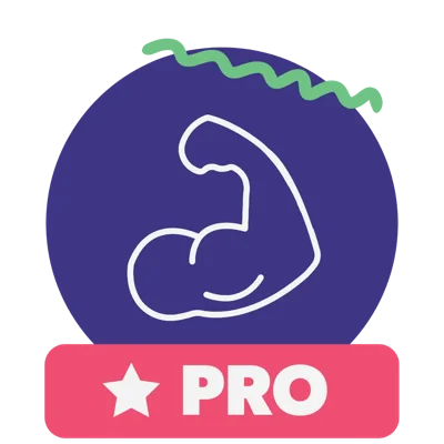 A solid purple circle behind the white outline of a flexing bicep.