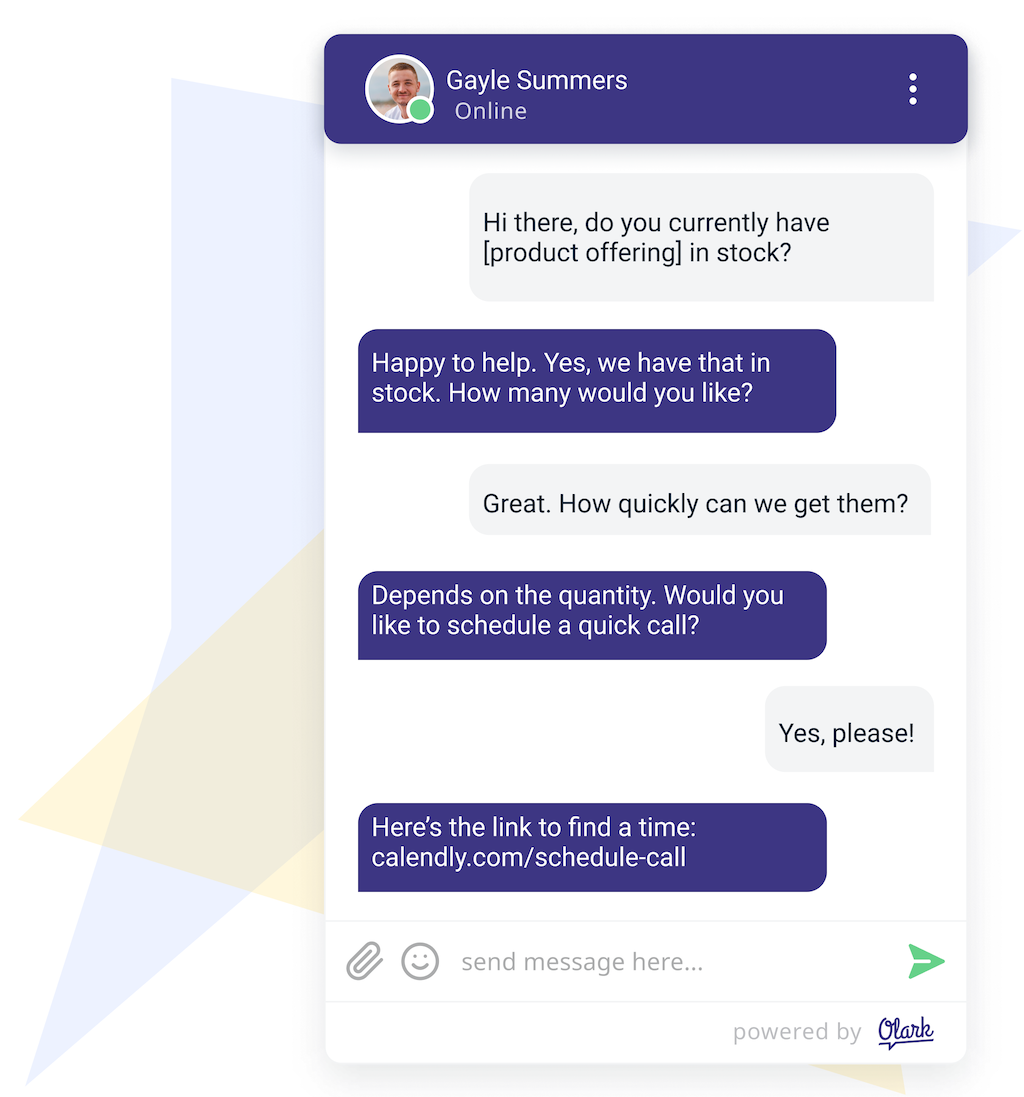 an Olark chat box showing a chat with an agent and potential customers discussing products