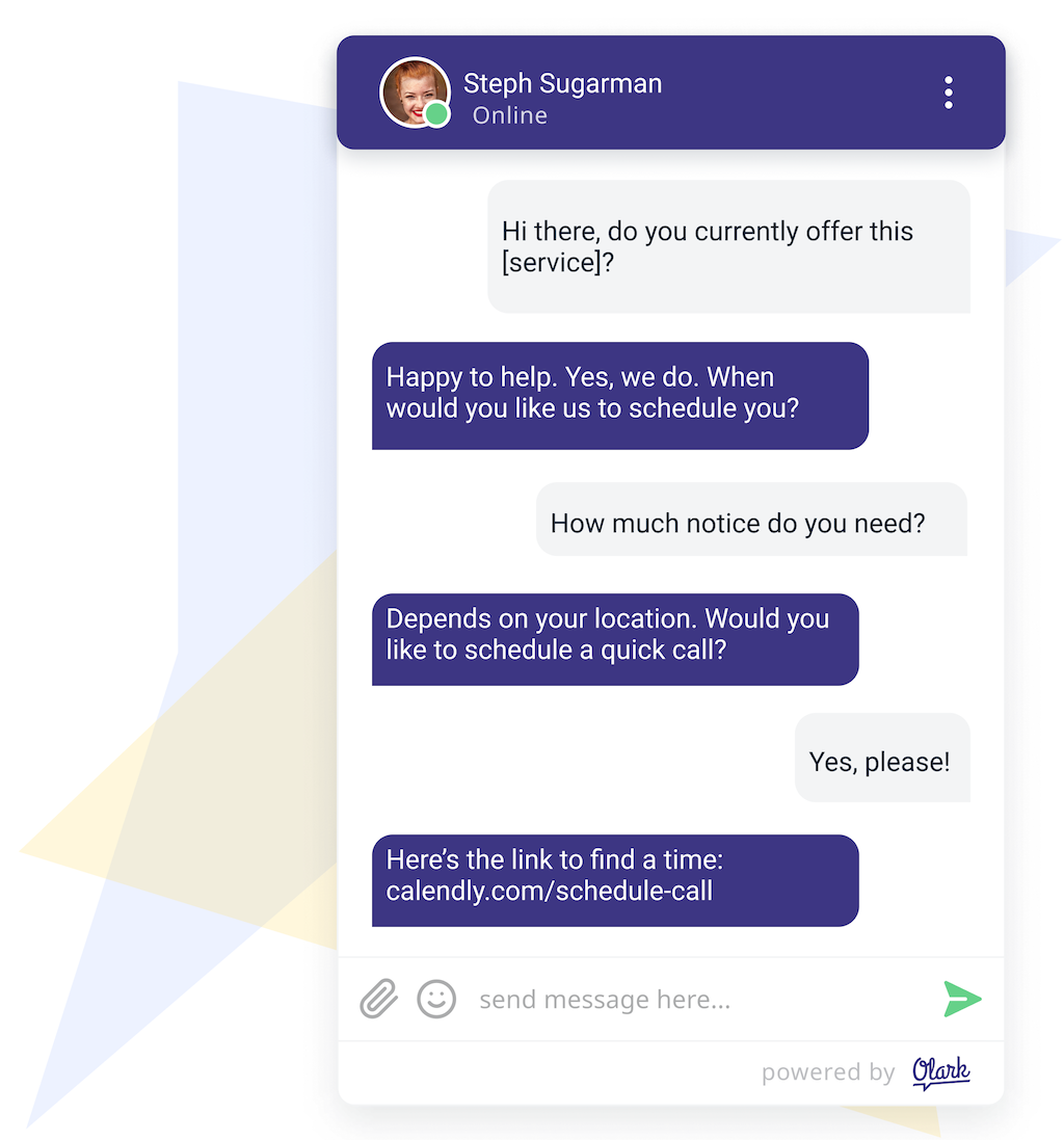 an Olark chat box showing a chat with an agent and potential customers discussing services.