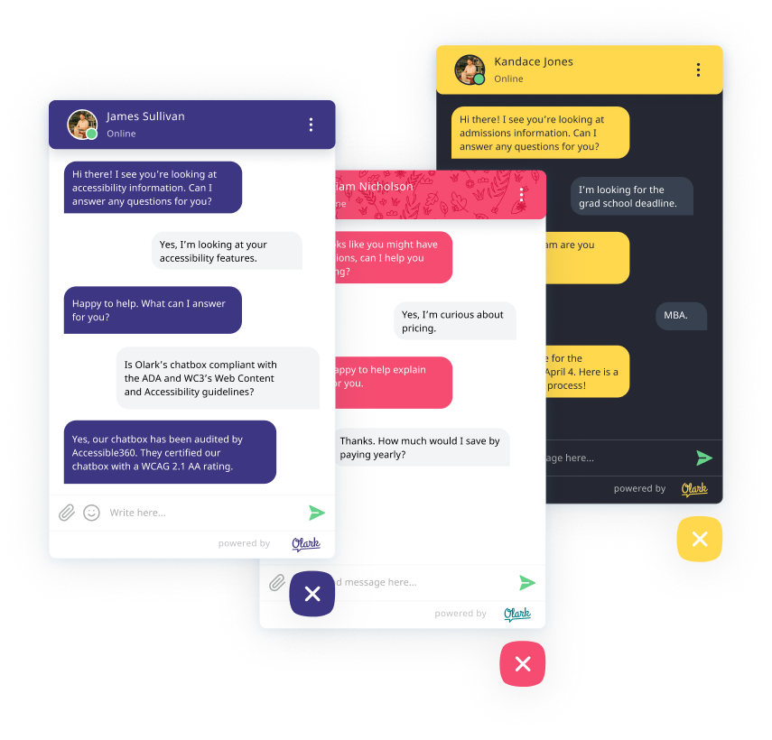 Olark chat boxes showing different types of online conversations.