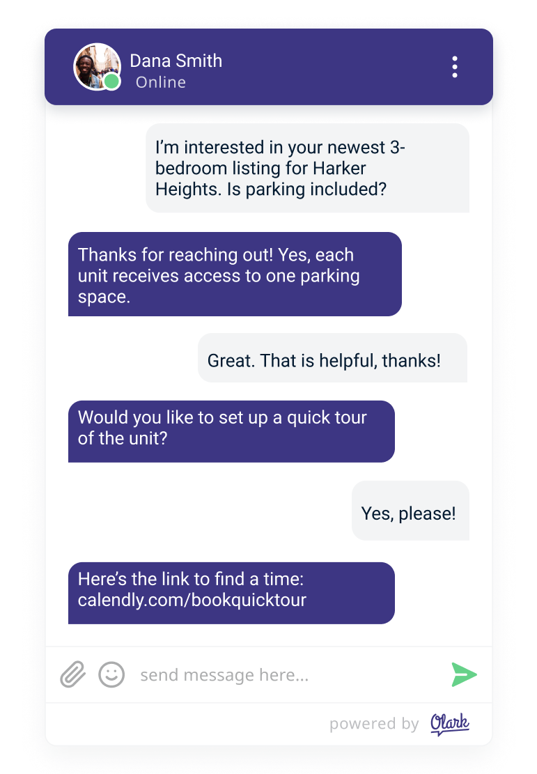 an Olark chat box showing a chat with an agent and potential tenant discussing parking.