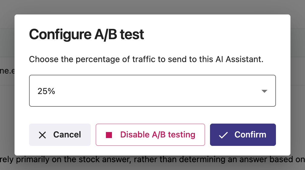 The Configure A/B test dialog in Olark with 25% of traffic selected to send to an AI Assistant