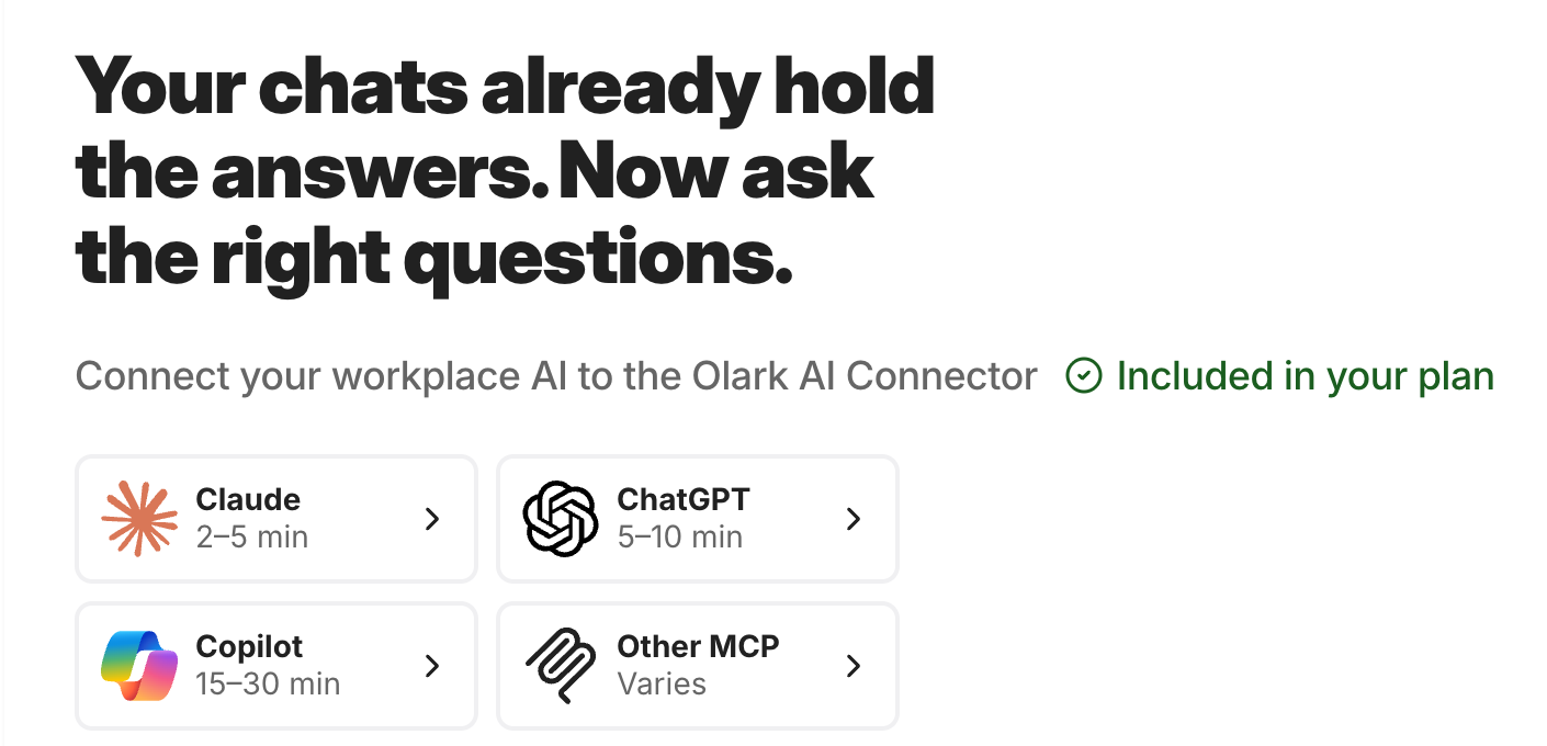 The Olark AI Connector setup page, included in your plan, with options for Claude, ChatGPT, Copilot and other MCP clients