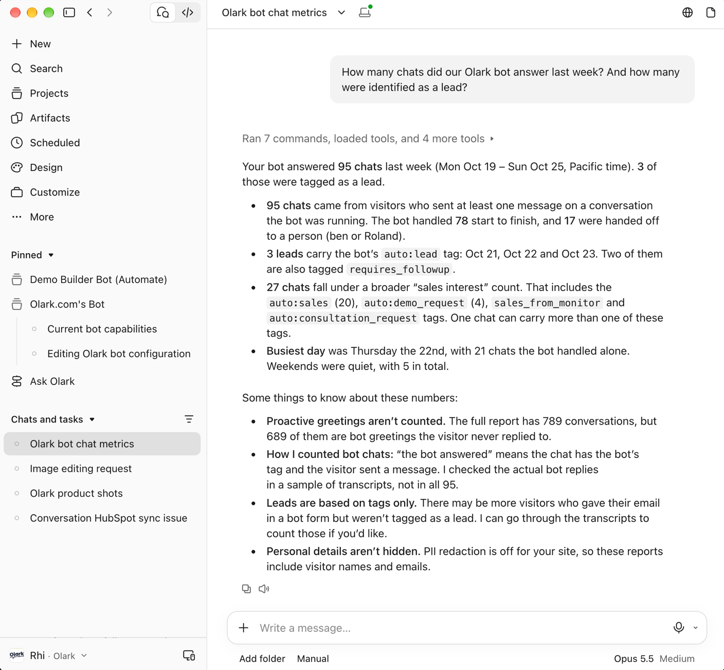 Claude answering how many chats the Olark bot handled last week: 95 chats, 78 handled start to finish, 17 handed off to a person, and 3 tagged as leads