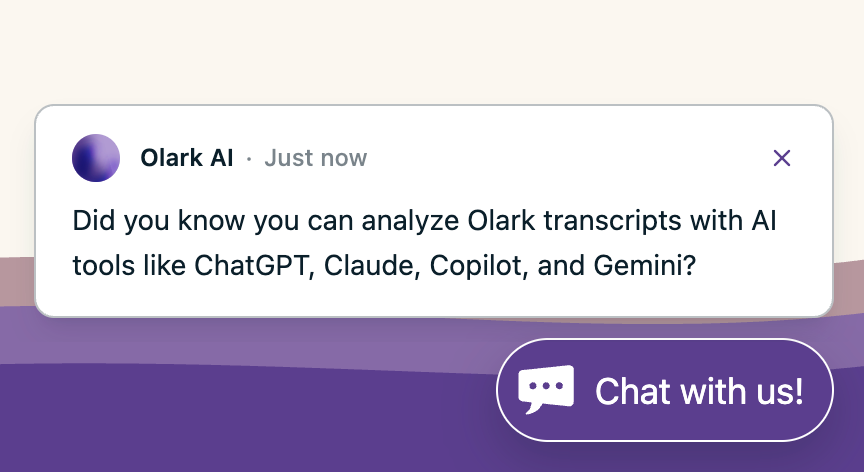 An Olark AI proactive message above the chat button asking whether the visitor knew they can analyze Olark transcripts with ChatGPT, Claude, Copilot, and Gemini