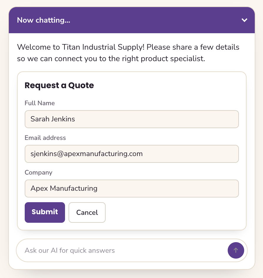 An Olark chat for Titan Industrial Supply showing a Request a Quote form with fields for full name, email address and company