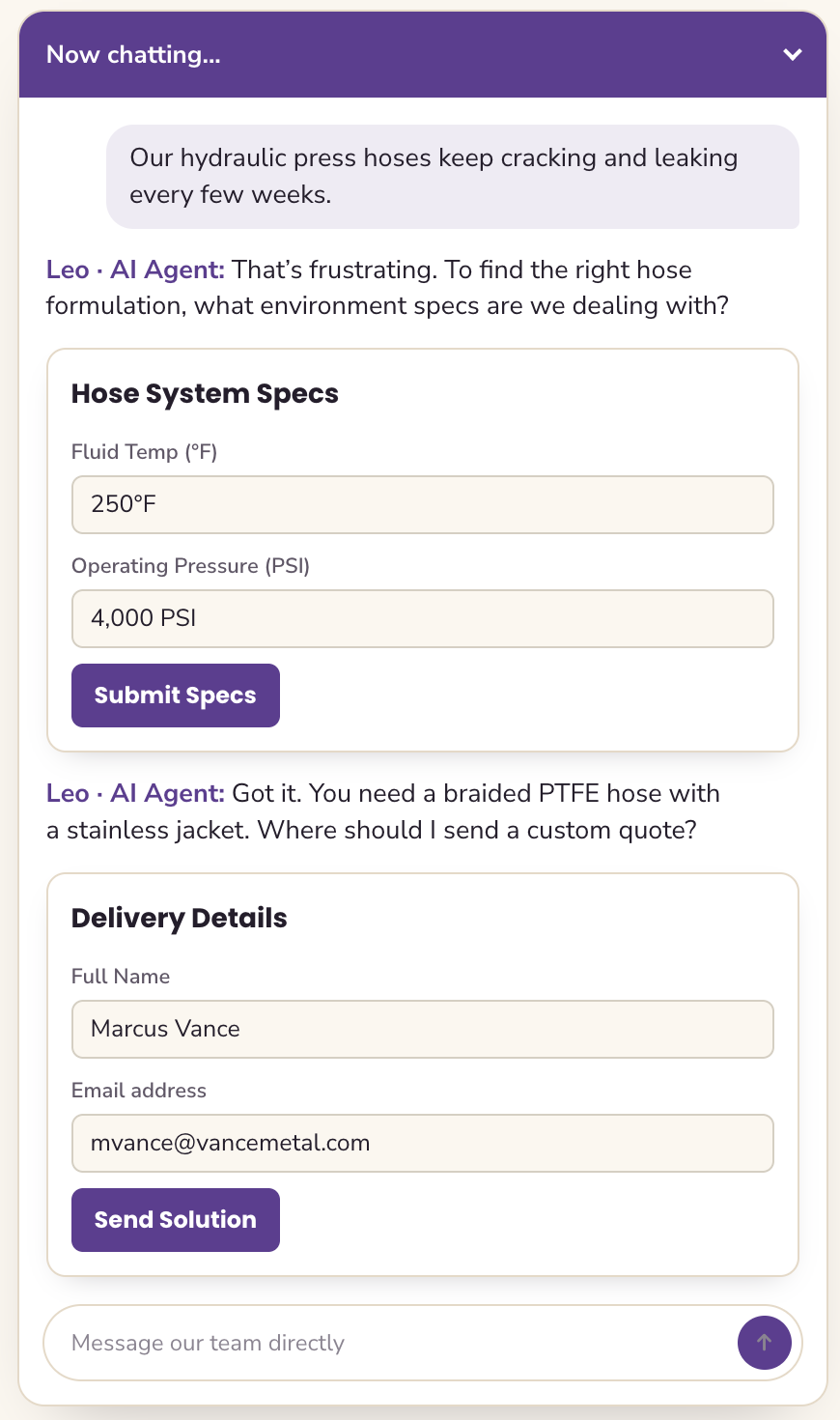 An Olark AI agent asking a visitor with leaking hydraulic hoses for their fluid temperature and operating pressure in a form, recommending a braided PTFE hose, then collecting delivery details for a custom quote