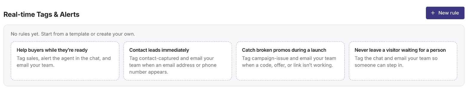 The Real-time Tags & Alerts page in Olark with rule templates: help buyers while they’re ready, contact leads immediately, catch broken promos during a launch, and never leave a visitor waiting for a person