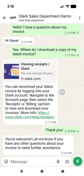 A WhatsApp conversation with the Olark Sales Department where a customer asks how to download their latest invoice and gets step-by-step instructions with a link to the receipts help article