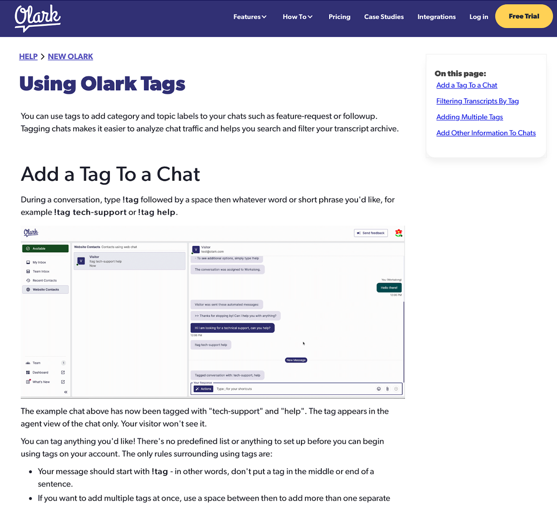 screenshot of the new documentation page for using Olark tags