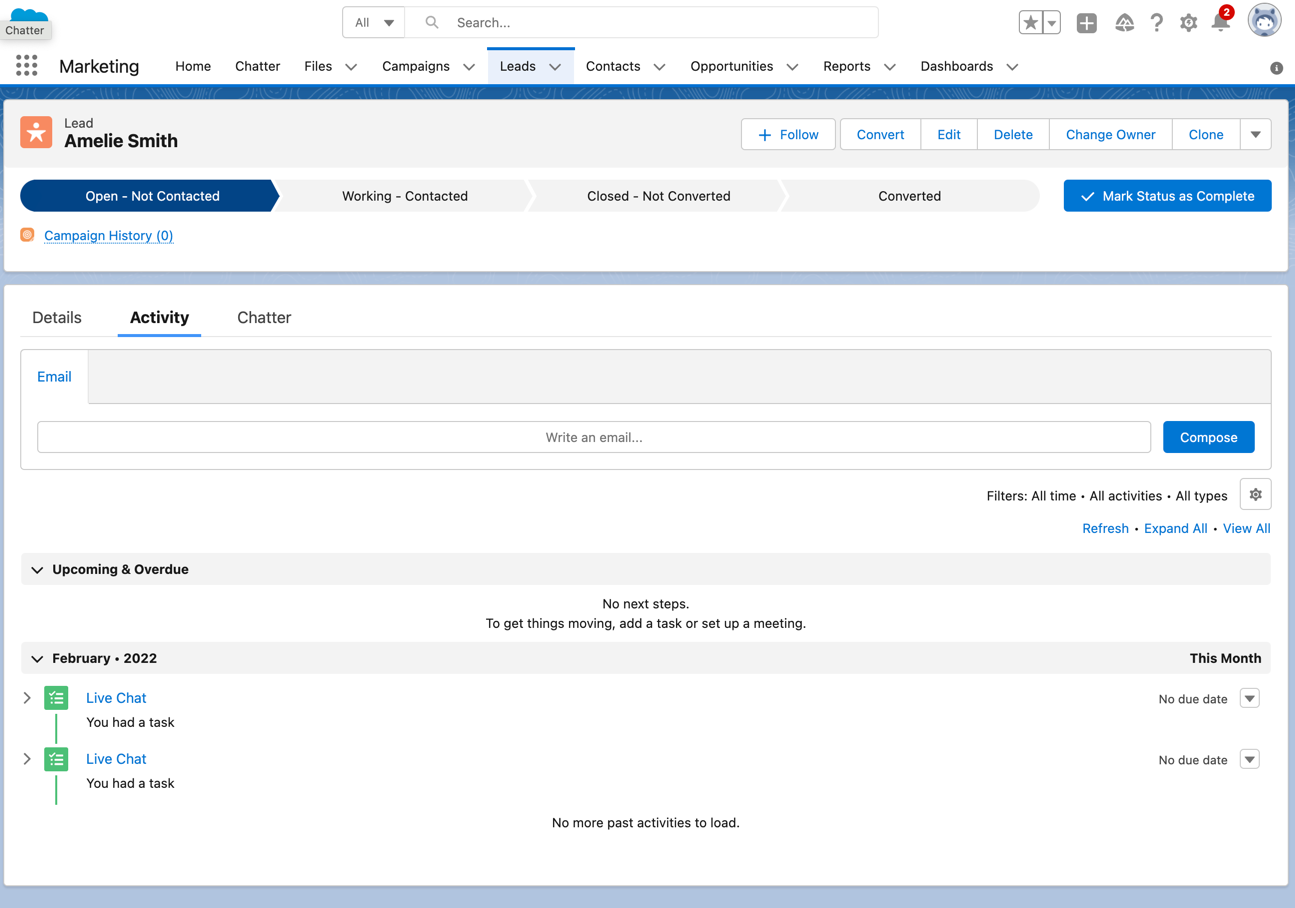 A screenshot of a lead, created by Olark's integration, in Salesforce. 